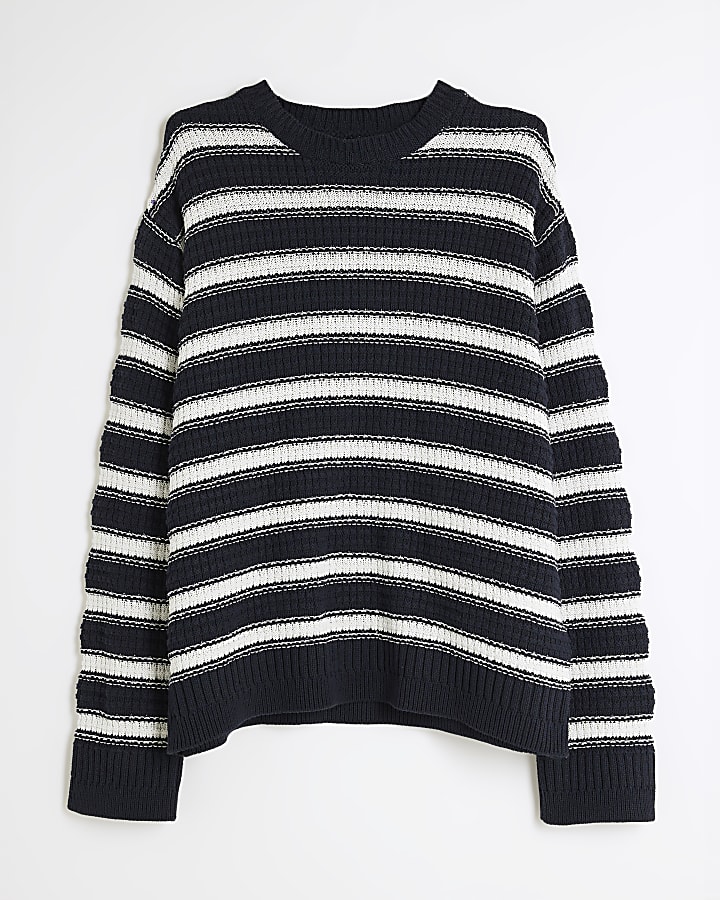 Navy Boxy Fit Textured Striped Jumper