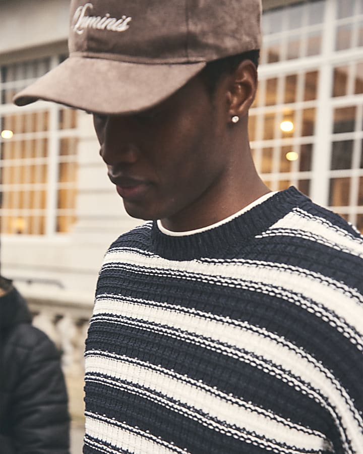 Navy Boxy Fit Textured Striped Jumper