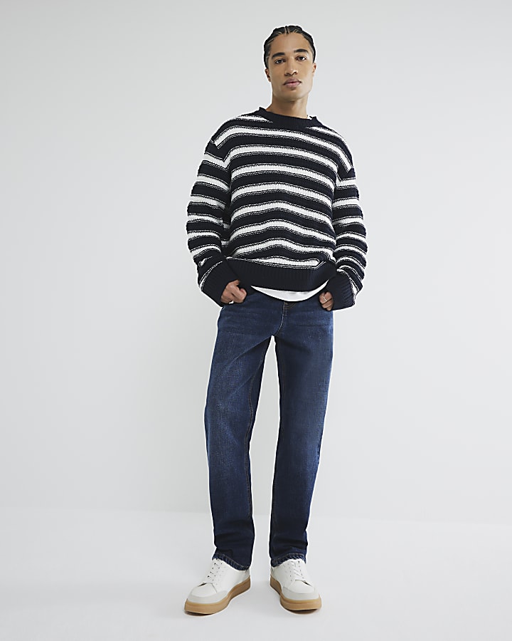 Navy Boxy Fit Textured Striped Jumper