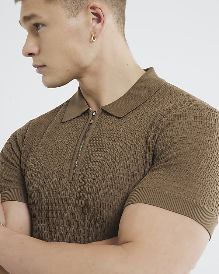 Brown Muscle Fit Textured Tipped Polo Shirt