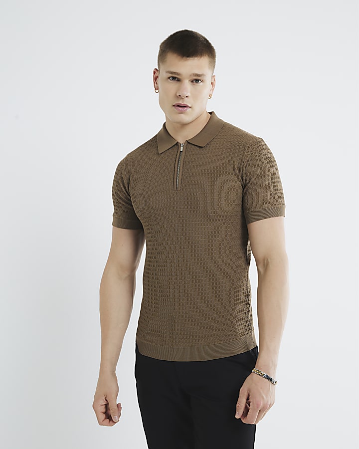 Brown Muscle Fit Textured Tipped Polo Shirt