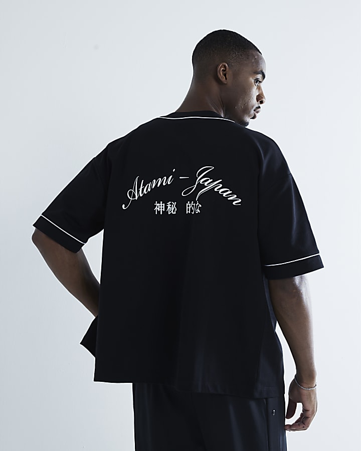 Black Regular Fit Print Baseball Shirt