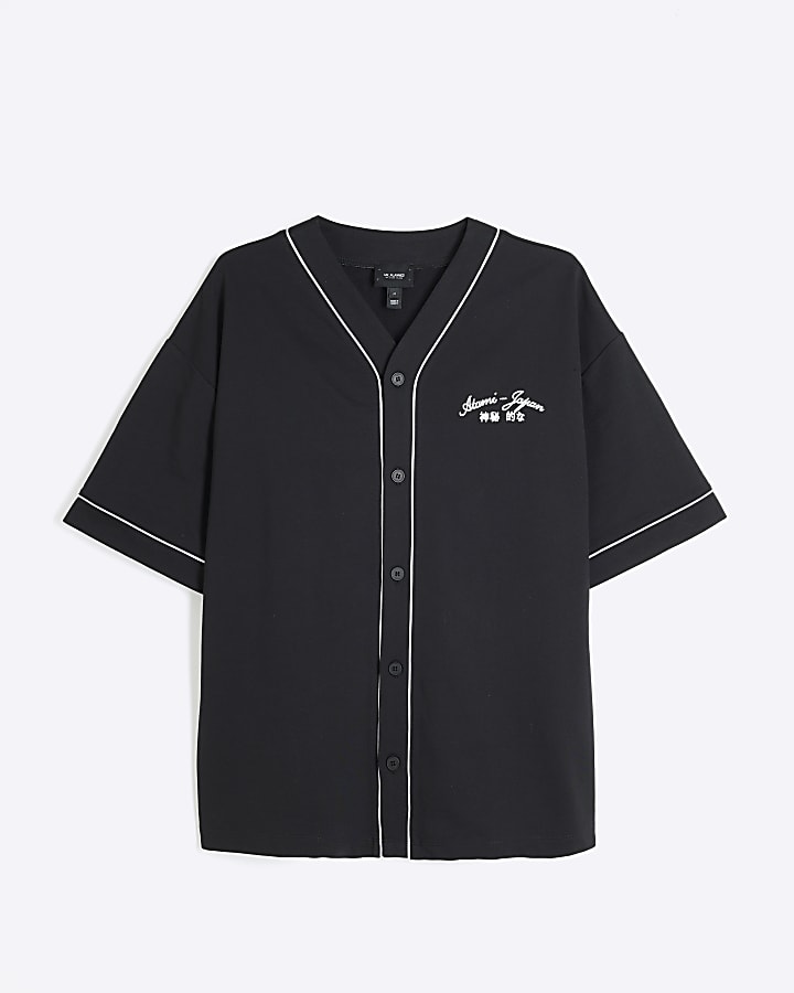 Black Regular Fit Print Baseball Shirt