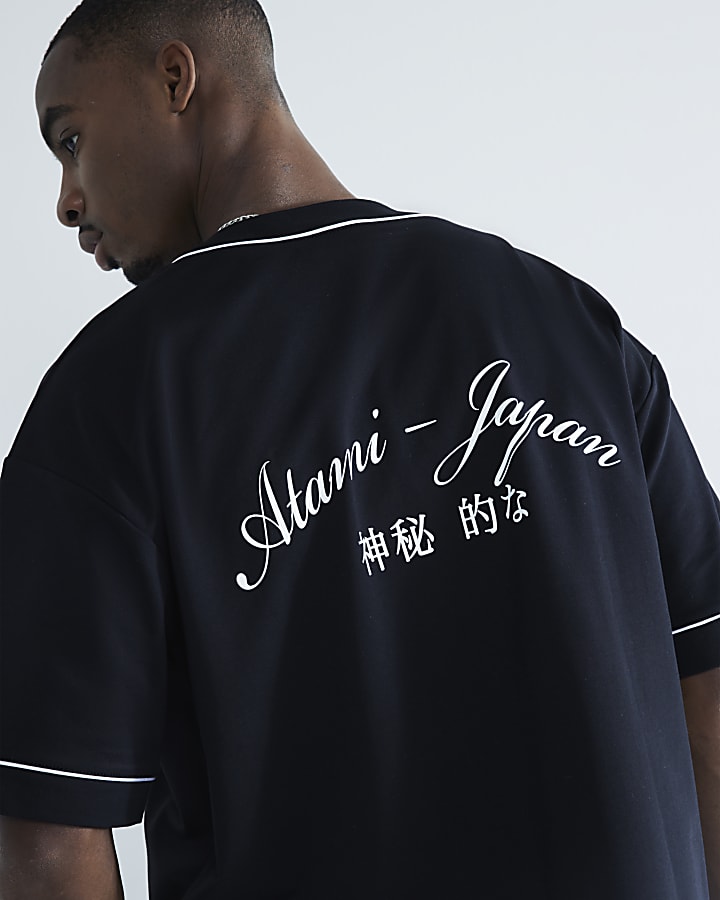 Black Regular Fit Print Baseball Shirt