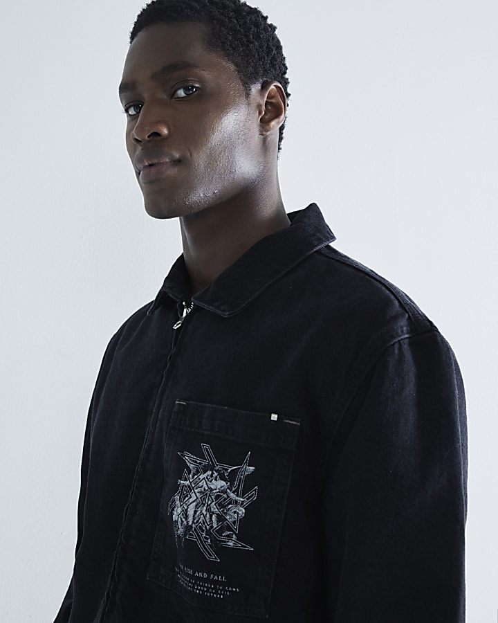 Black Denim Volcan Print Zipped Jacket
