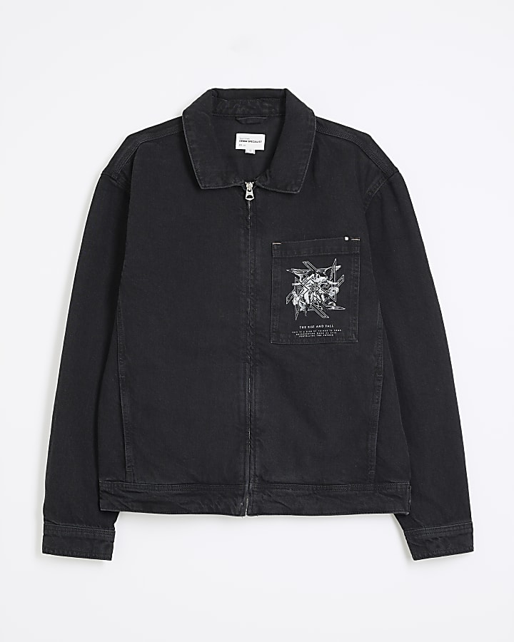 Black Denim Volcan Print Zipped Jacket