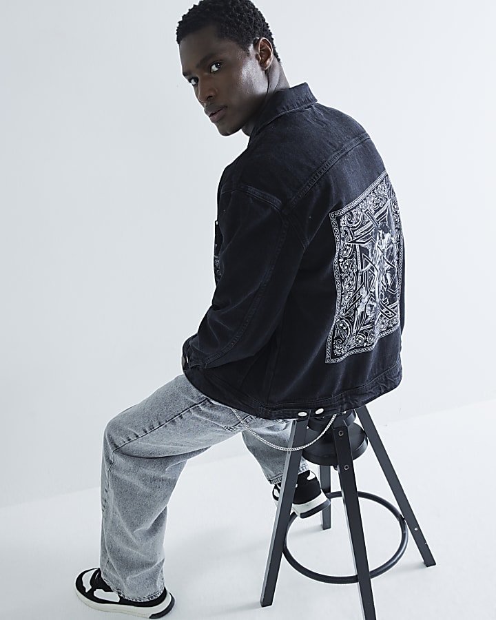 Black Denim Volcan Print Zipped Jacket