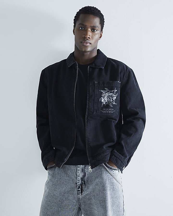 Black Denim Volcan Print Zipped Jacket