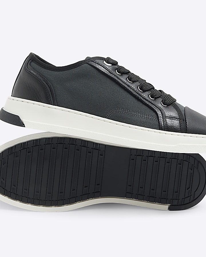 Black Premium Leather Canvas Toe Cap Trainers
