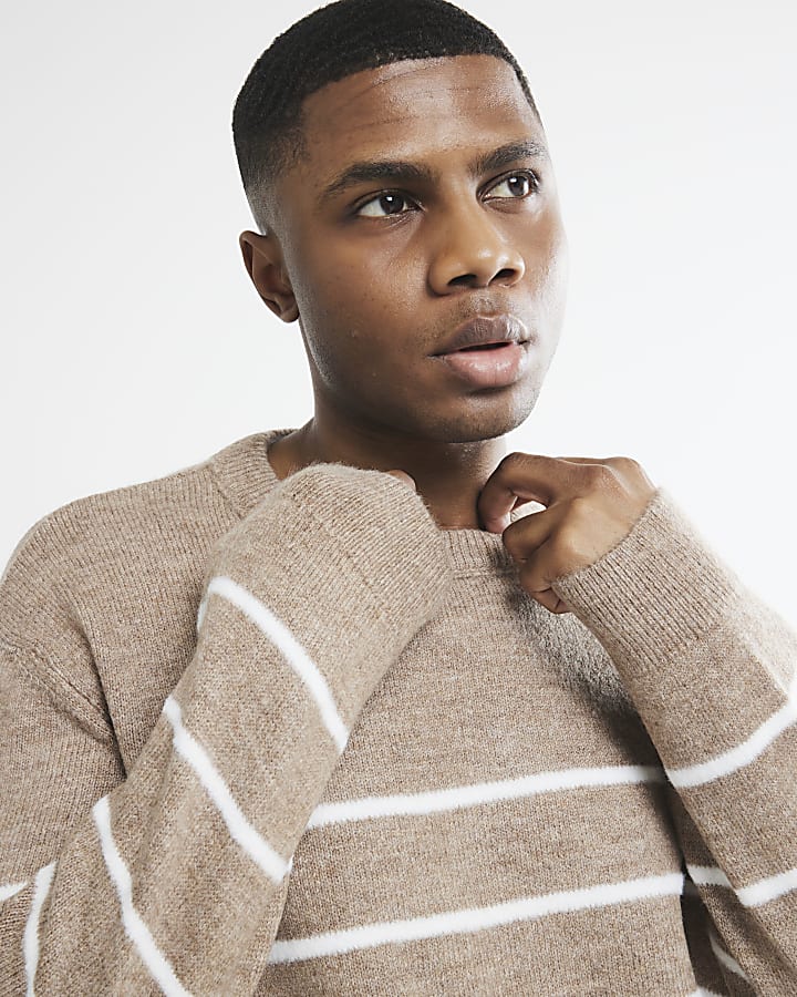 Beige Slim Fit Stripe Brushed Jumper