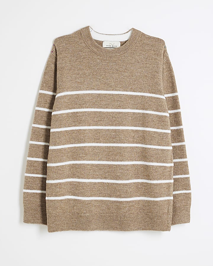 Beige Slim Fit Stripe Brushed Jumper