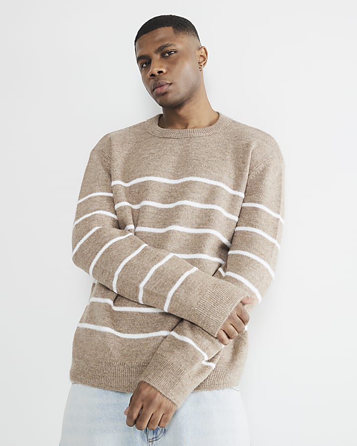Beige Slim Fit Stripe Brushed Jumper