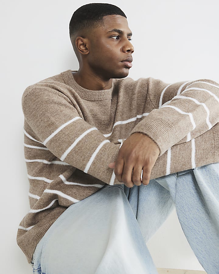 Beige Slim Fit Stripe Brushed Jumper