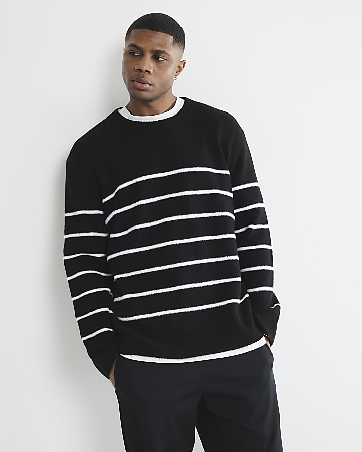 Black Long Sleeve Stripe Brushed Jumper