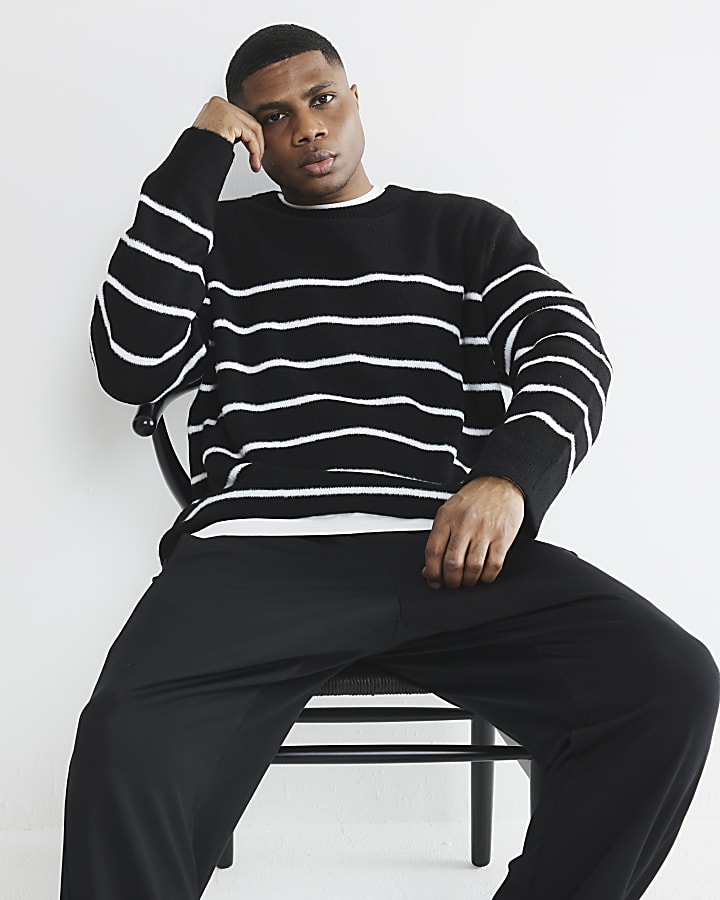 Black Long Sleeve Stripe Brushed Jumper