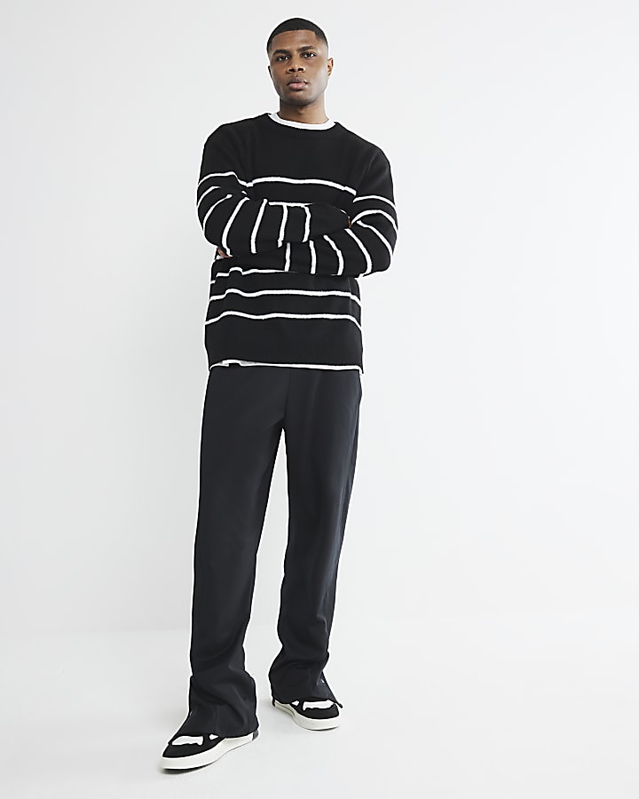 Black Long Sleeve Stripe Brushed Jumper