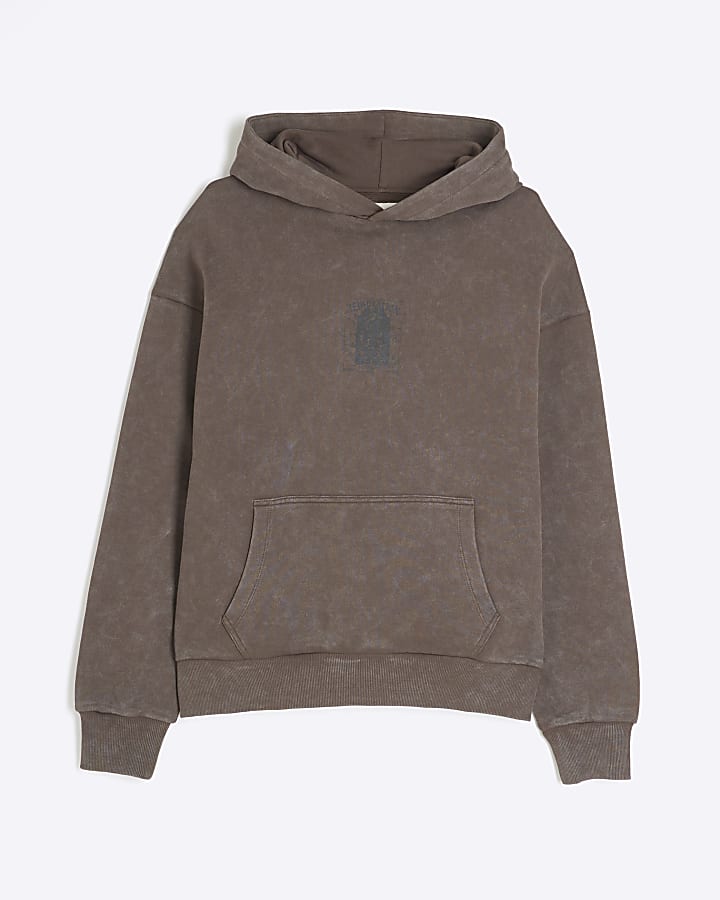 Brown Oversized Washed Graphics Hoodie