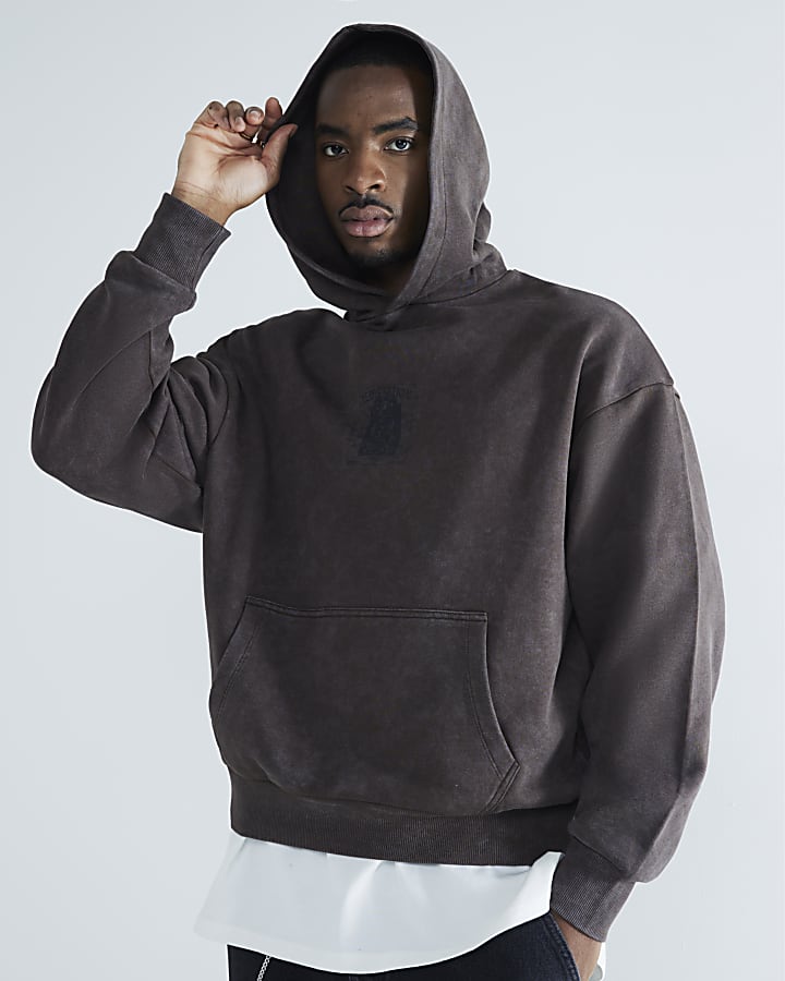 Brown Oversized Washed Graphics Hoodie