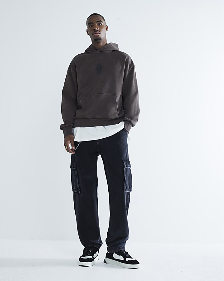 Brown Oversized Washed Graphics Hoodie