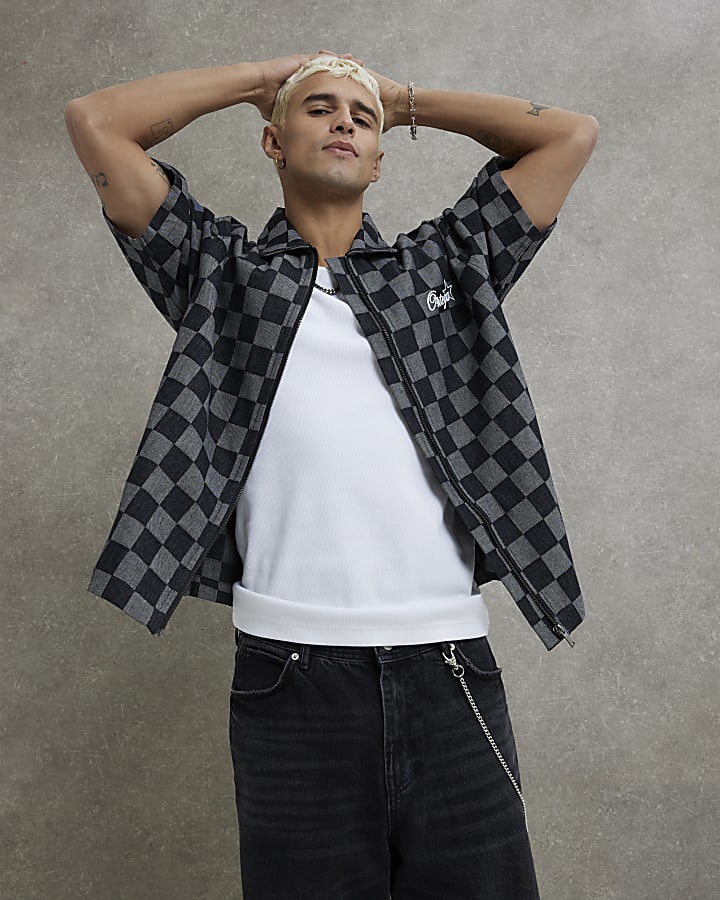 Black Denim Boxy Fit Checkerboard Shirt