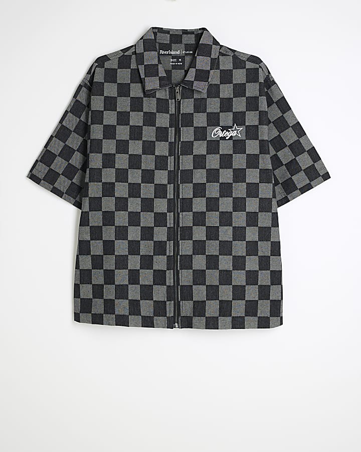 Black Denim Boxy Fit Checkerboard Shirt