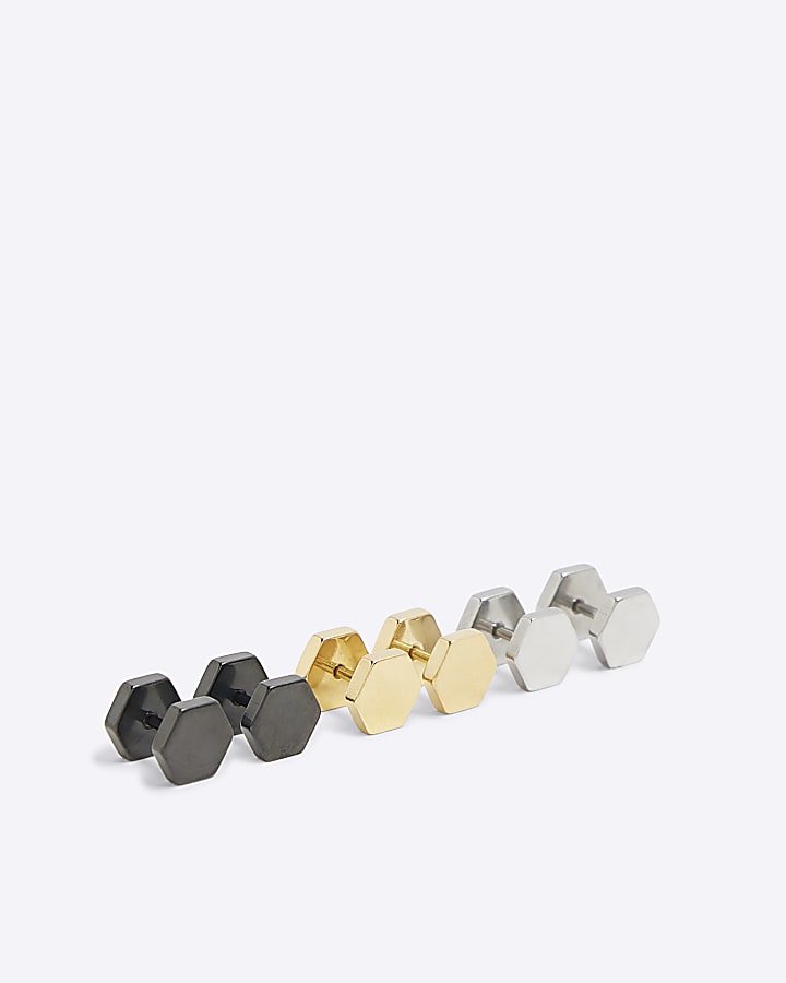 Pack Of 3 Metal Multi Hexagon Stud Earrings