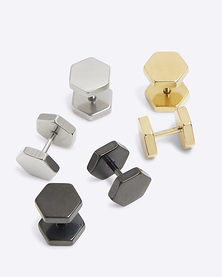 Pack Of 3 Metal Multi Hexagon Stud Earrings