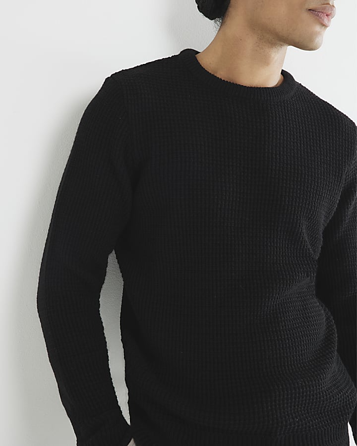 Black Long Sleeve Waffle Knit Jumper