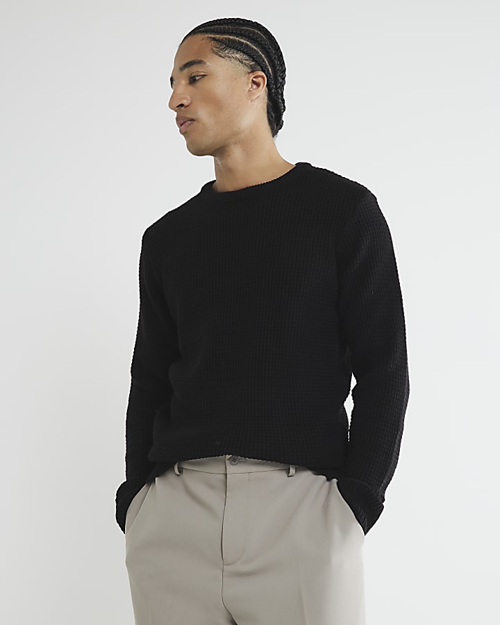 Black Long Sleeve Waffle Knit Jumper