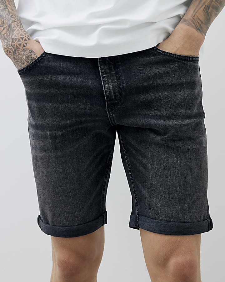 Black Slim Fit Washed Denim Shorts