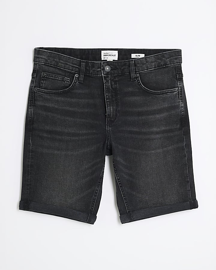 Black Slim Fit Washed Denim Shorts