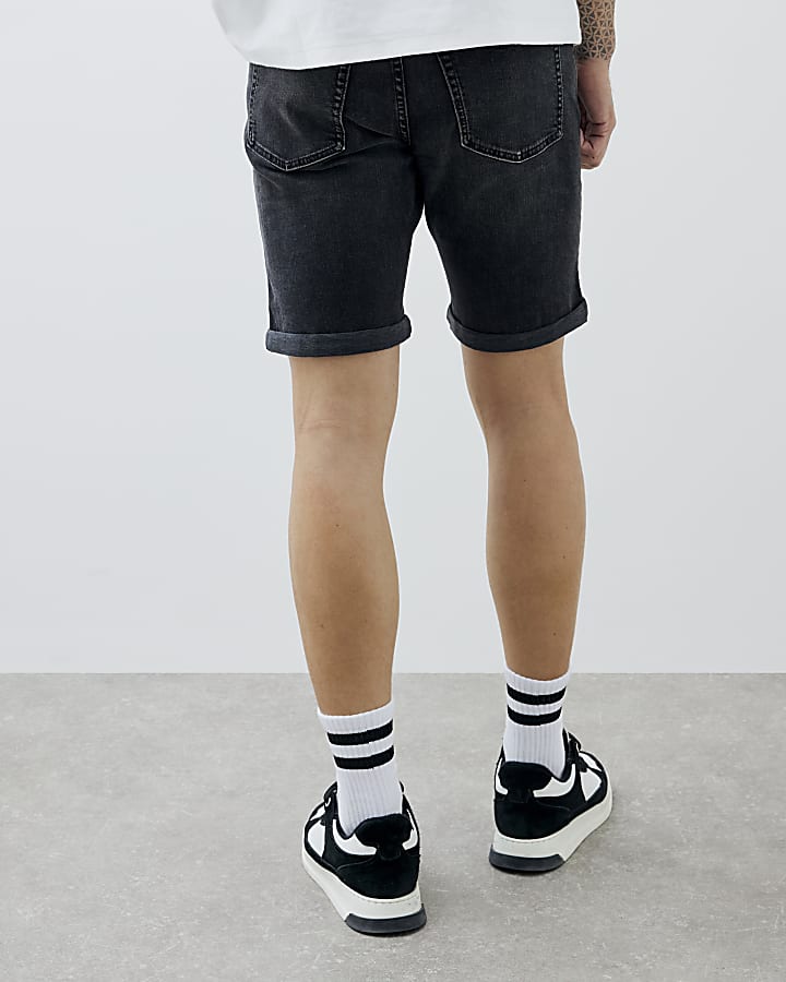 Black Slim Fit Washed Denim Shorts