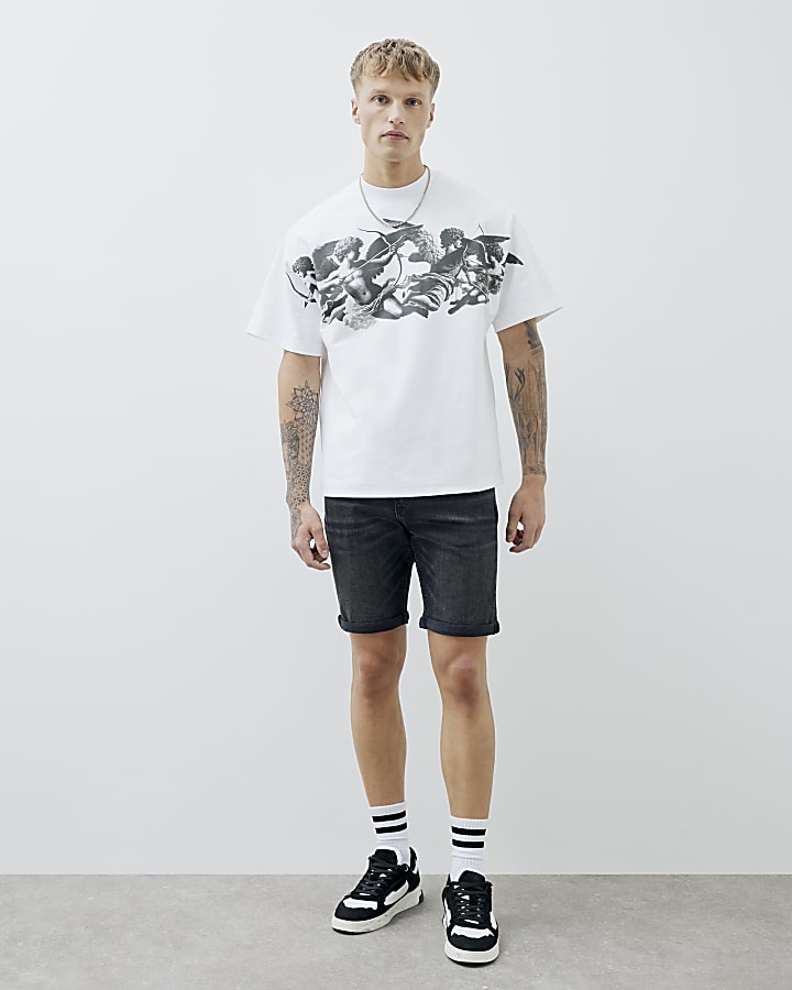 Black Slim Fit Washed Denim Shorts