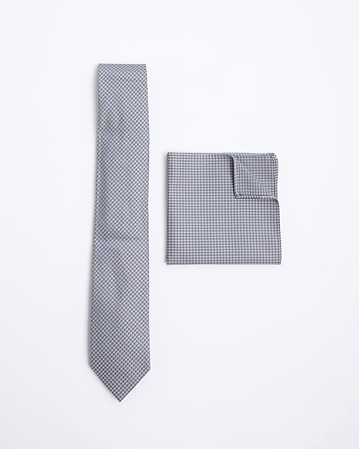 Blue Dogtooth Tie And Handkerchief Set