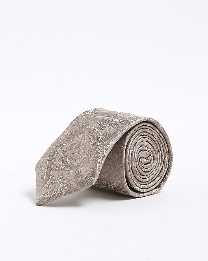 Beige Paisley Print Tie