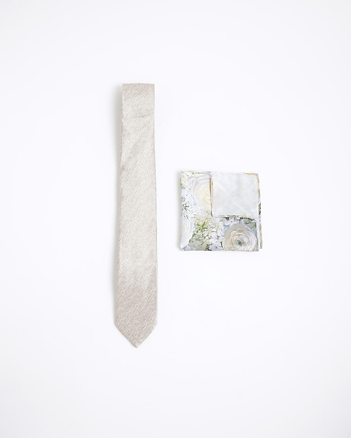 Beige Textured Floral Tie & Handkerchief Set