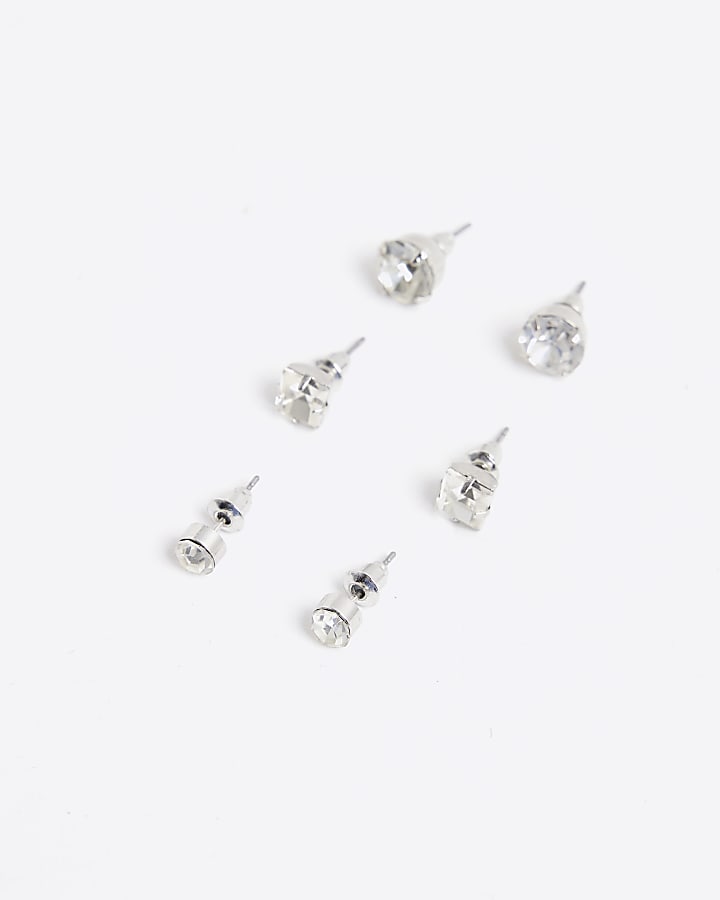 White Rhinestone Stud Pack Of 3 Earrings