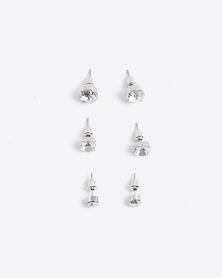 White Rhinestone Stud Pack Of 3 Earrings