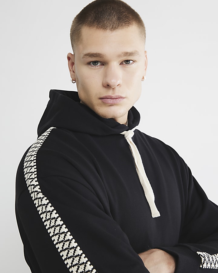 Black Aztec Tape Open Hem Hoodie