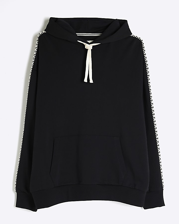 Black Aztec Tape Open Hem Hoodie