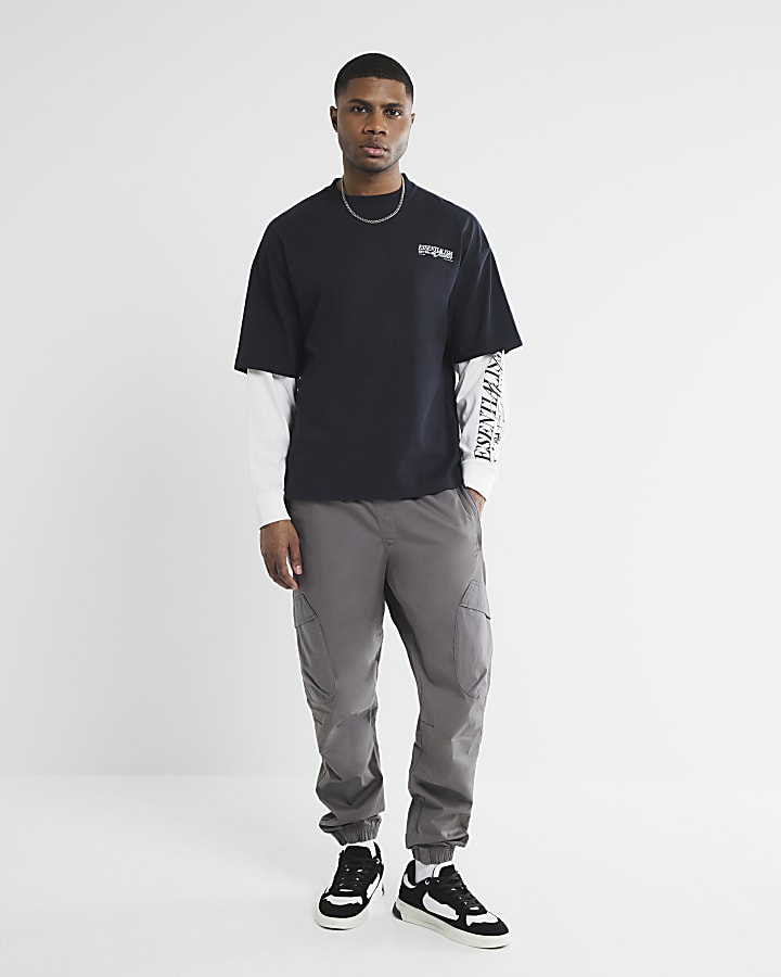 Grey Regular Fit Cuffed Cargo Trousers