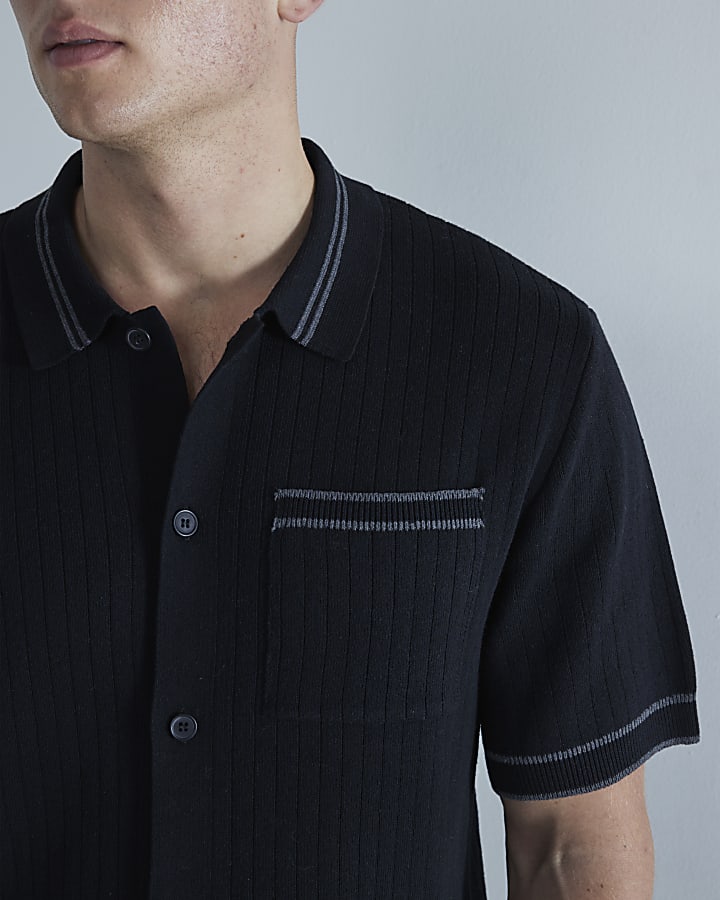 Black Short Sleeve Ribbed Tipped Shirt