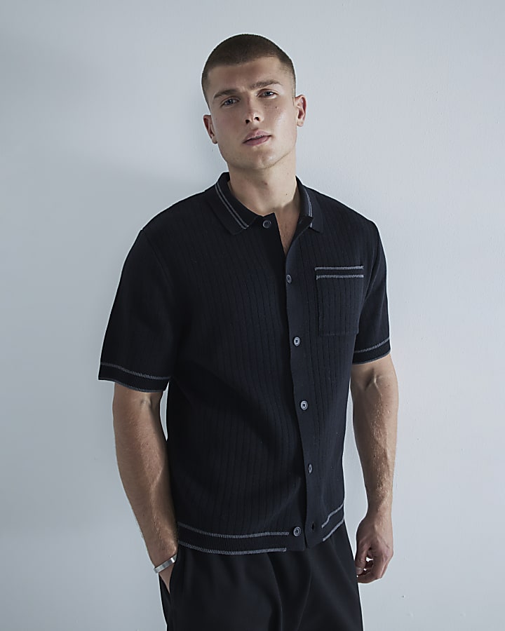 Black Short Sleeve Ribbed Tipped Shirt