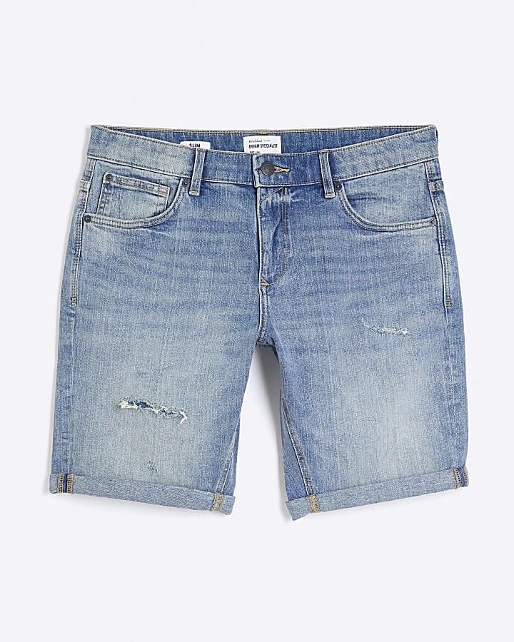 Blue Slim Fit Ripped Denim Shorts