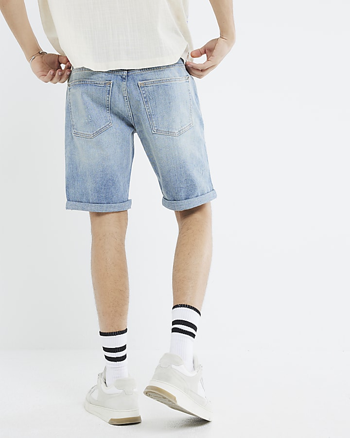 Blue Slim Fit Ripped Denim Shorts