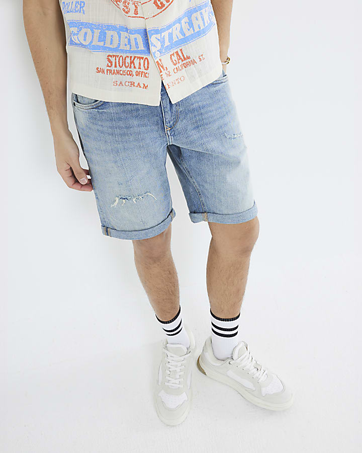 Blue Slim Fit Ripped Denim Shorts