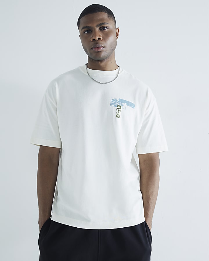 Beige Boxy Fit Short Sleeve Graphic T-Shirt