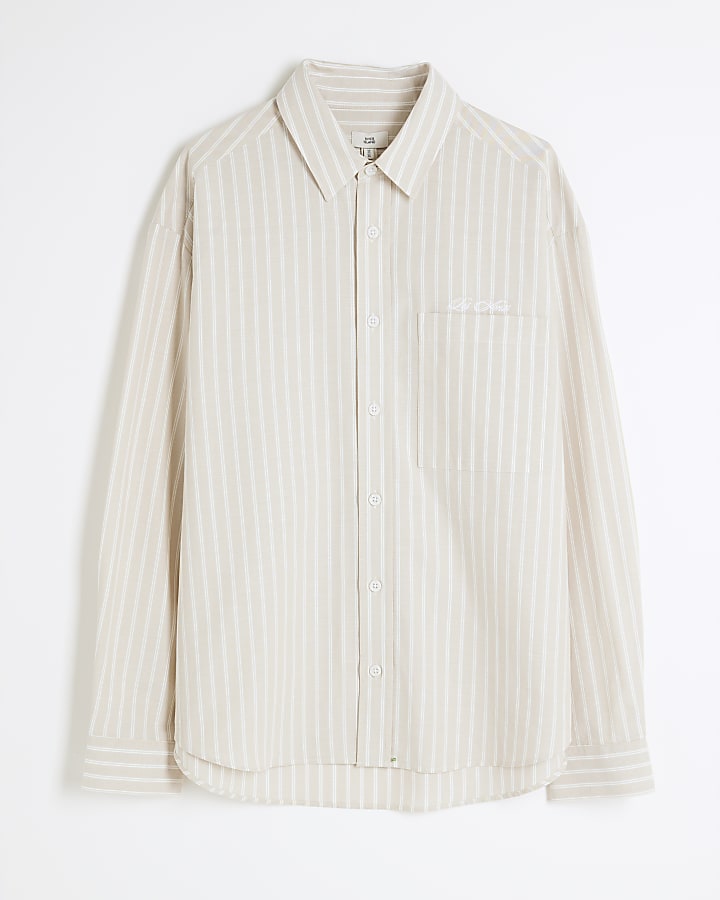 Stone Long Sleeved Striped Oxford Shirt