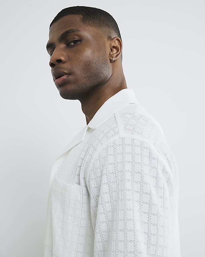 White Short Sleeve Grid Textured Shirt