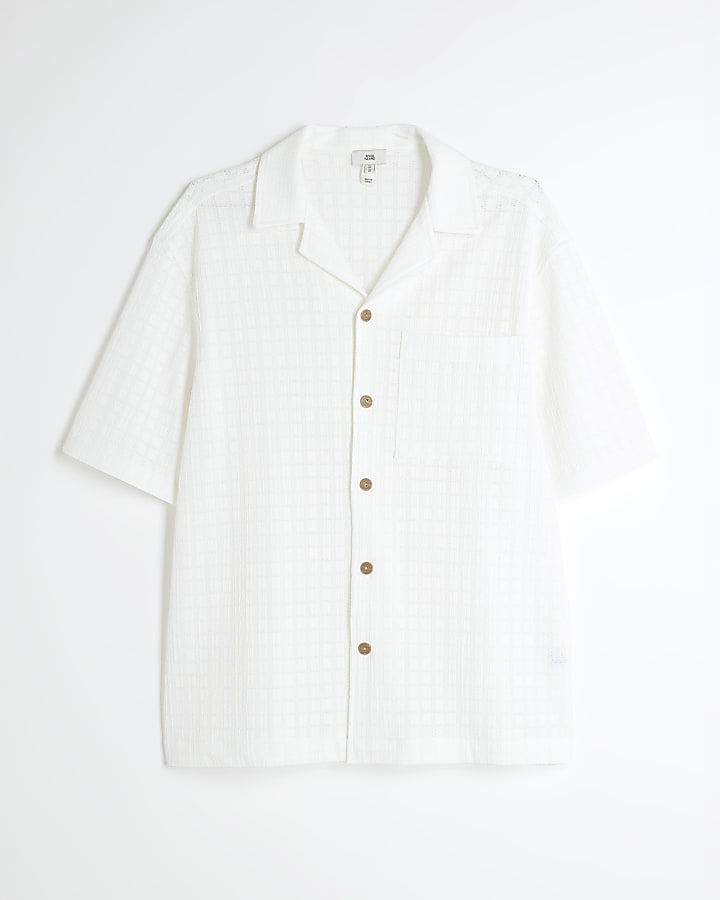 White Short Sleeve Grid Textured Shirt